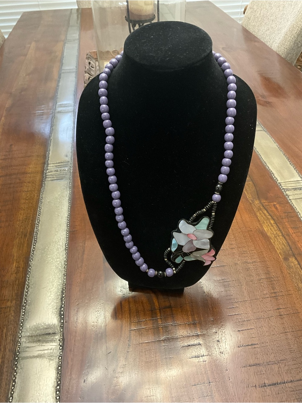 Lavender Beaded Necklace mother of pearl vintage  Floral Pendant